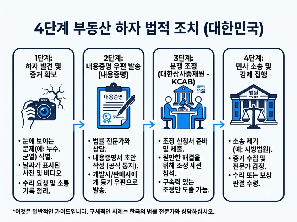 하자 발견 및 증거 확보부터 내용증명 발송, 분쟁 조정, 민사 소송 및 강제 집행까지의 4단계 부동산 하자 법적 조치 절차 인포그래픽 플로우차트