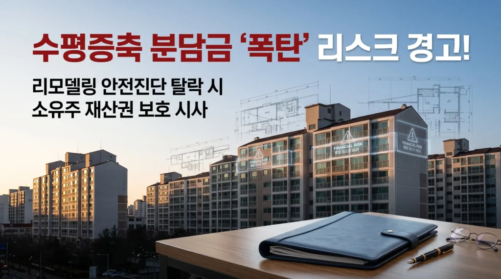 노을 지는 아파트 단지를 배경으로 책상 위에 서류철과 펜, 안경이 놓여 있고 수평증축 분담금 폭탄 리스크 경고 문구가 적힌 썸네일