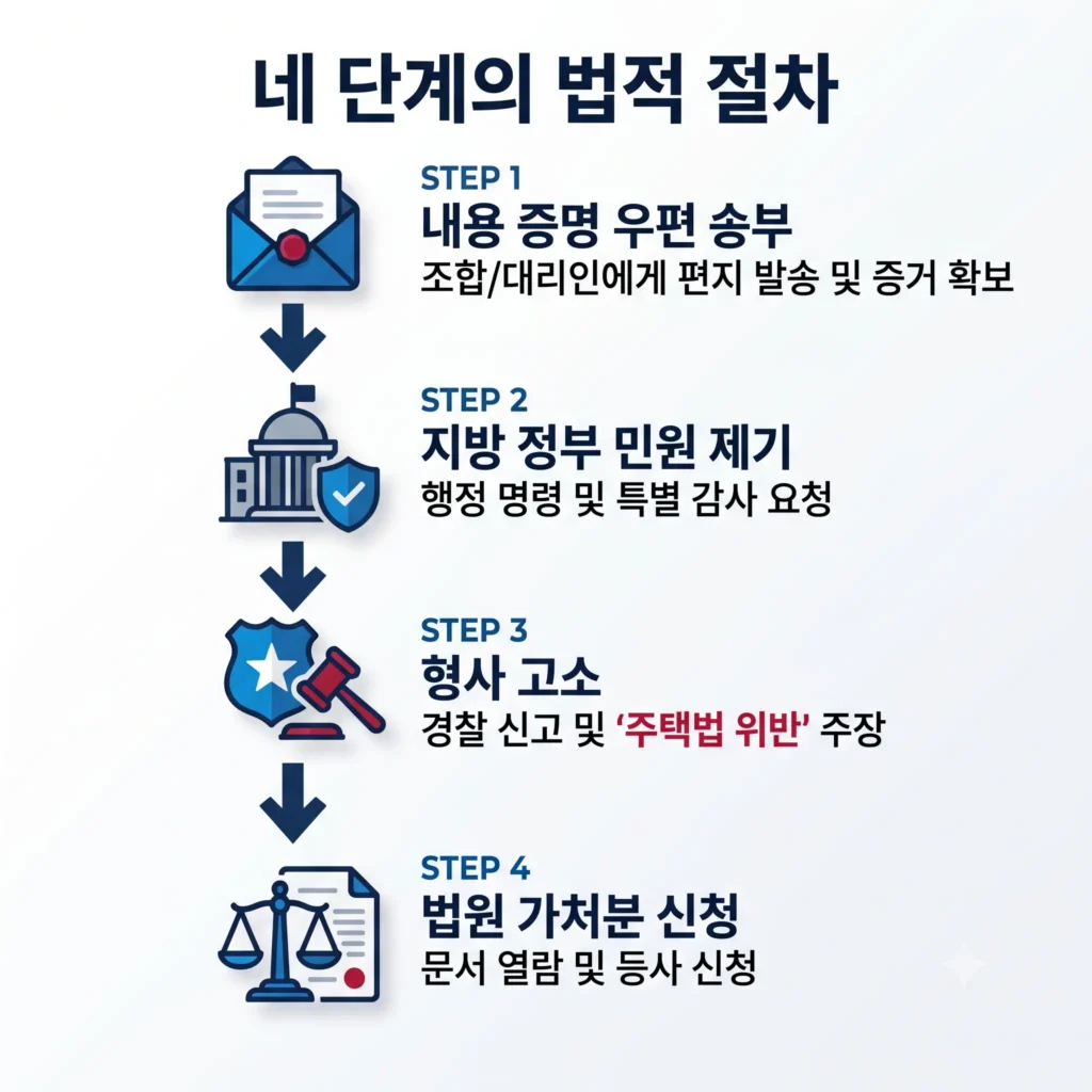 내용증명 우편 송부부터 지방정부 민원 제기, 형사 고소, 법원 가처분 신청까지 이어지는 지주택 정보공개 거부 시 4단계 법적 절차 인포그래픽 플로우차트