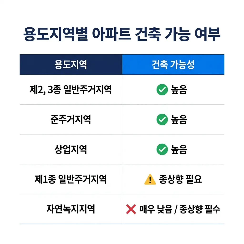 일반주거지역, 준주거지역, 상업지역, 자연녹지지역 등 용도지역별 아파트 건축 가능성 및 종상향 필요 여부를 정리한 인포그래픽 표