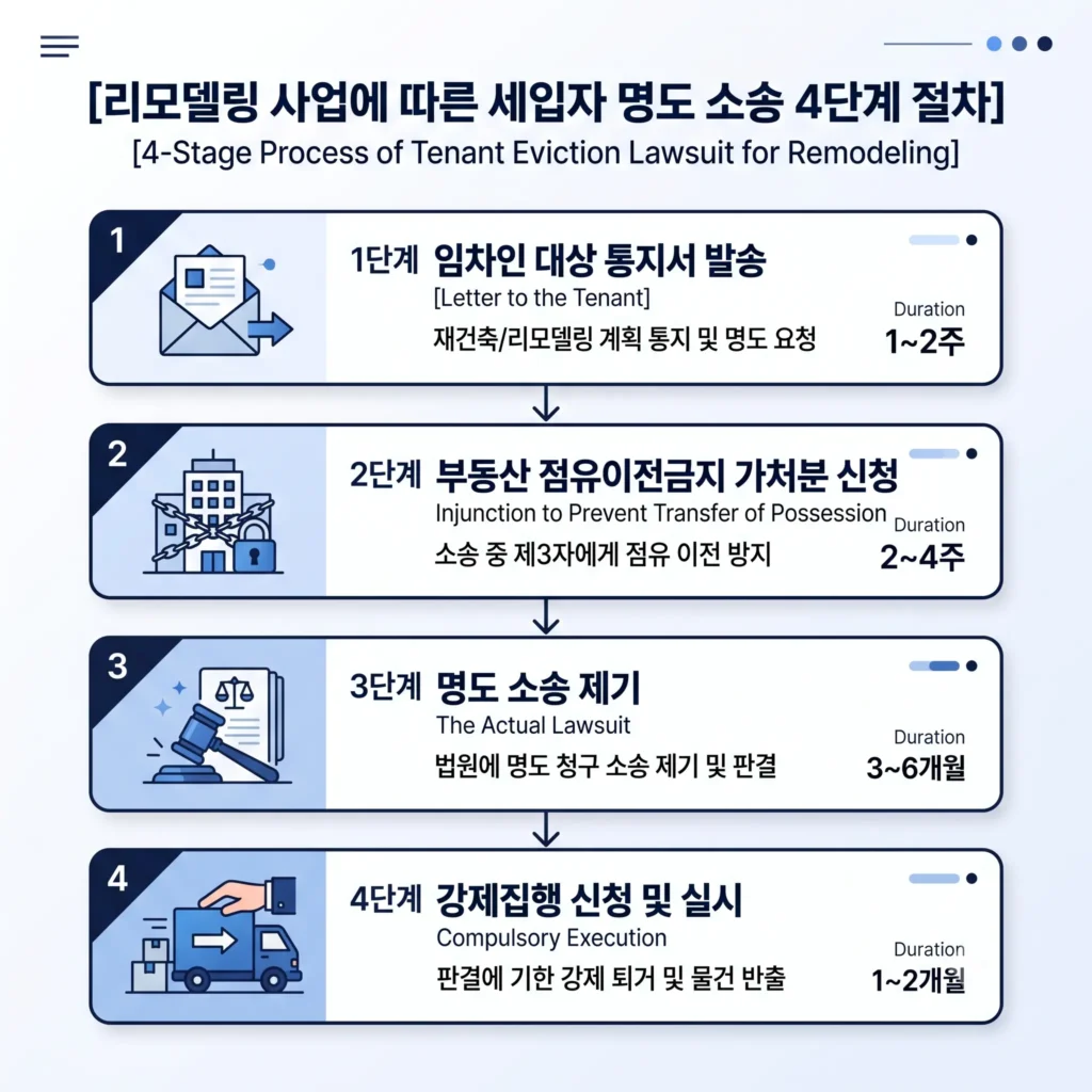 리모델링 이주 거부 세입자 명도소송 진행 단계별 흐름도 (내용증명에서 강제집행까지)