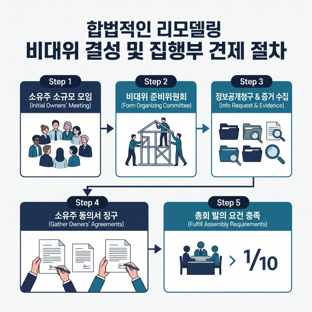 소유주 소규모 모임부터 비대위 준비위원회 구성, 정보공개청구 및 증거 수집, 소유주 동의서 징구, 조합원 10분의 1 이상 총회 발의 요건 충족까지의 합법적인 리모델링 비대위 결성 및 집행부 견제 5단계 절차 인포그래픽 플로우차트