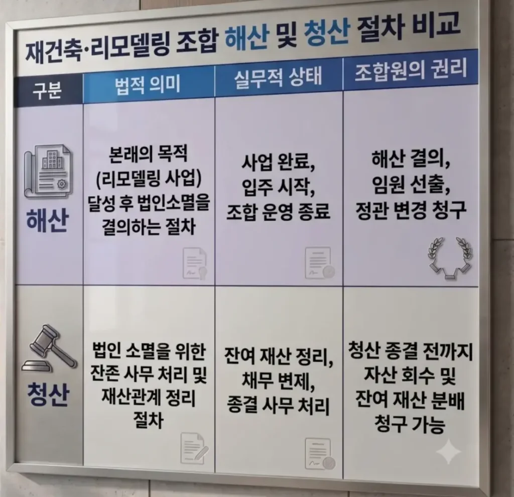 아파트 리모델링 조합 해산(Dissolution)과 청산(Liquidation)의 법적 의미 및 실무적 차이 비교 인포그래픽