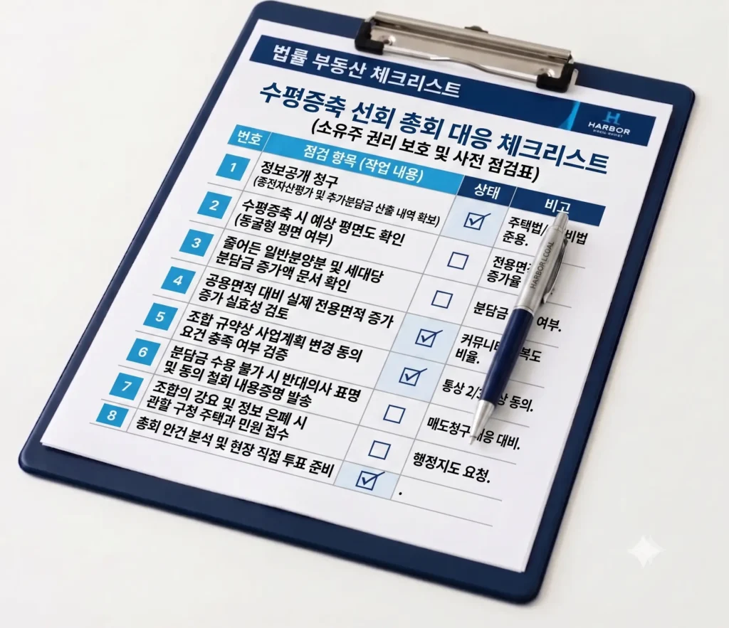 클립보드에 놓인 초기 상담, 권리 분석, 감정 평가, 대출 승인 등 12가지 항목의 법률 주거용 부동산 클로징 체크리스트 서식