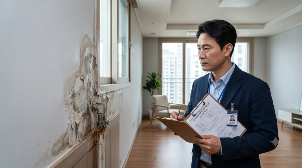 아파트 사전점검 현장에서 전문가가 누수와 곰팡이로 심하게 훼손된 벽면을 점검표를 들고 면밀히 조사하는 모습