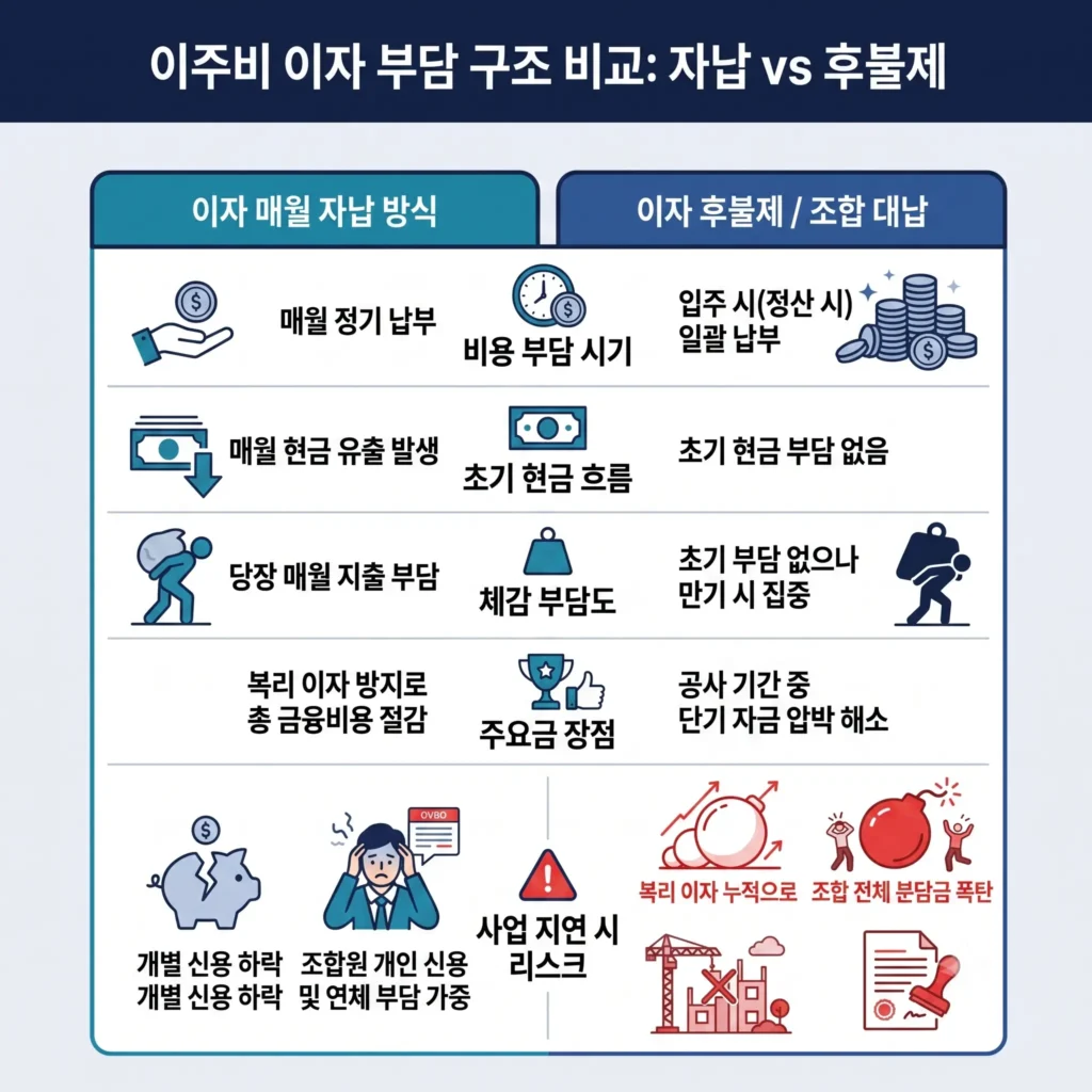 리모델링 이주비 이자 정산 방식 비교: 매월 개별 상환 방식과 시공사 이자 대납 및 후불제 복리 정산 리스크 비교