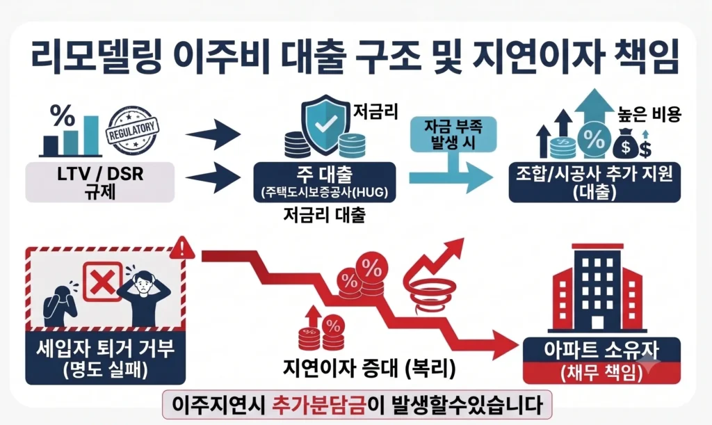 LTV 및 DSR 규제에 따른 HUG 보증 주 대출과 시공사 추가 대출 구조, 세입자 명도 실패 시 지연이자 증대 및 소유자 채무 책임을 도식화한 리모델링 이주비 대출 인포그래픽