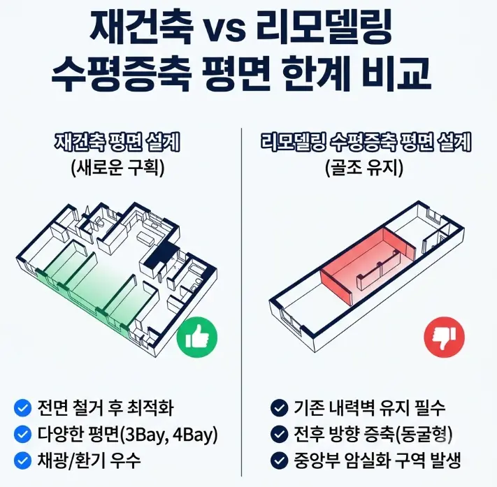 재건축 대 수평증축 리모델링 구조 및 평면 확장 한계 비교