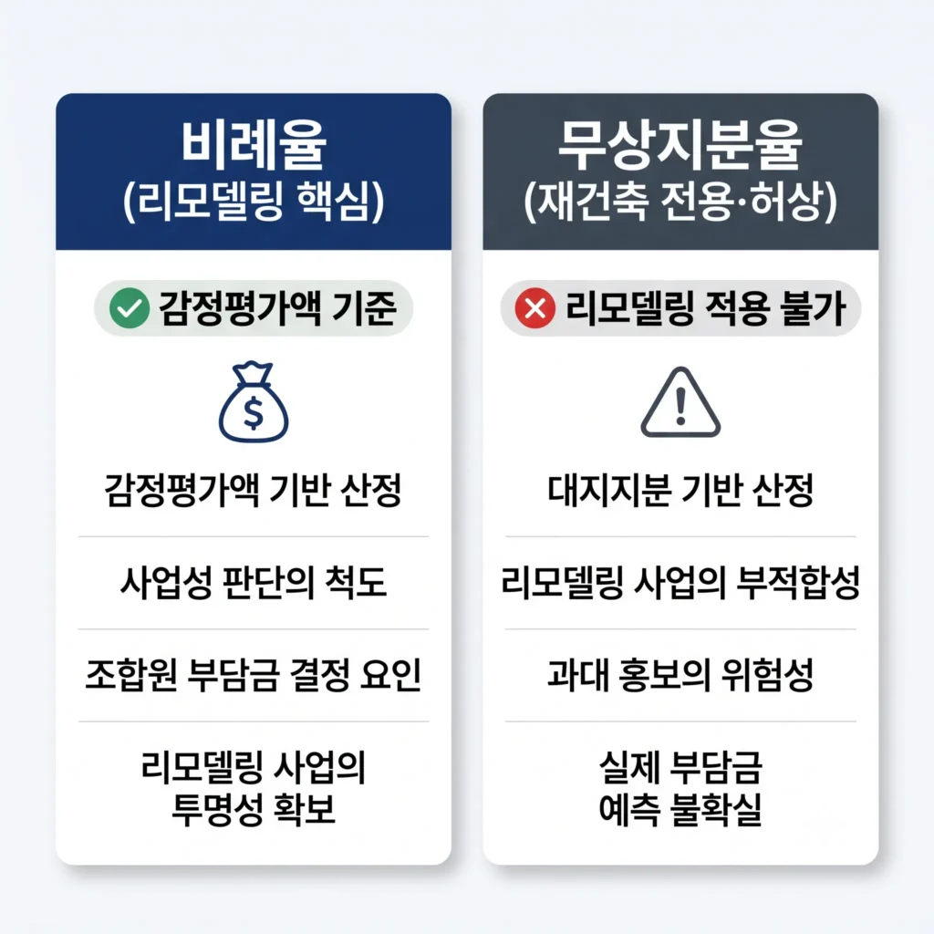 리모델링 비례율과 재건축 무상지분율의 법적 적용 여부 및 계산 기준 비교 인포그래픽