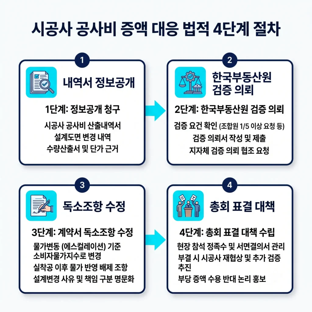 시공사의 공사비 증액 요구 시 정보공개 청구부터 한국부동산원 검증 의뢰까지의 4단계 대응 절차도