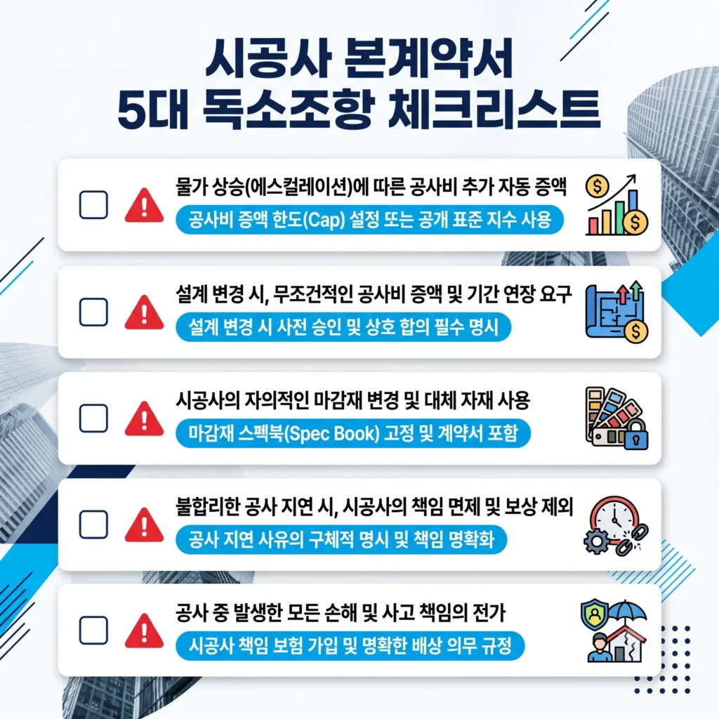 리모델링 시공사 본계약서 5대 독소조항과 무력화 대응 방안 체크리스트
