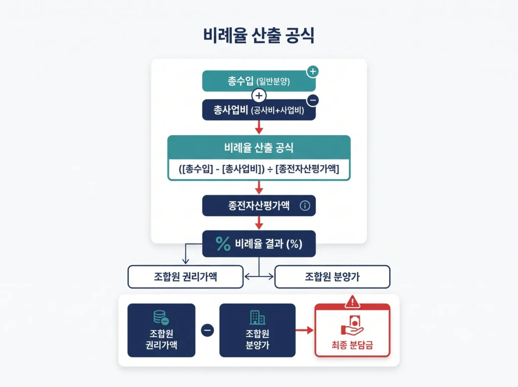 리모델링 총회 안건 검토 시 필수 확인 사항인 비례율 및 추가분담금 산정 구조 인포그래픽