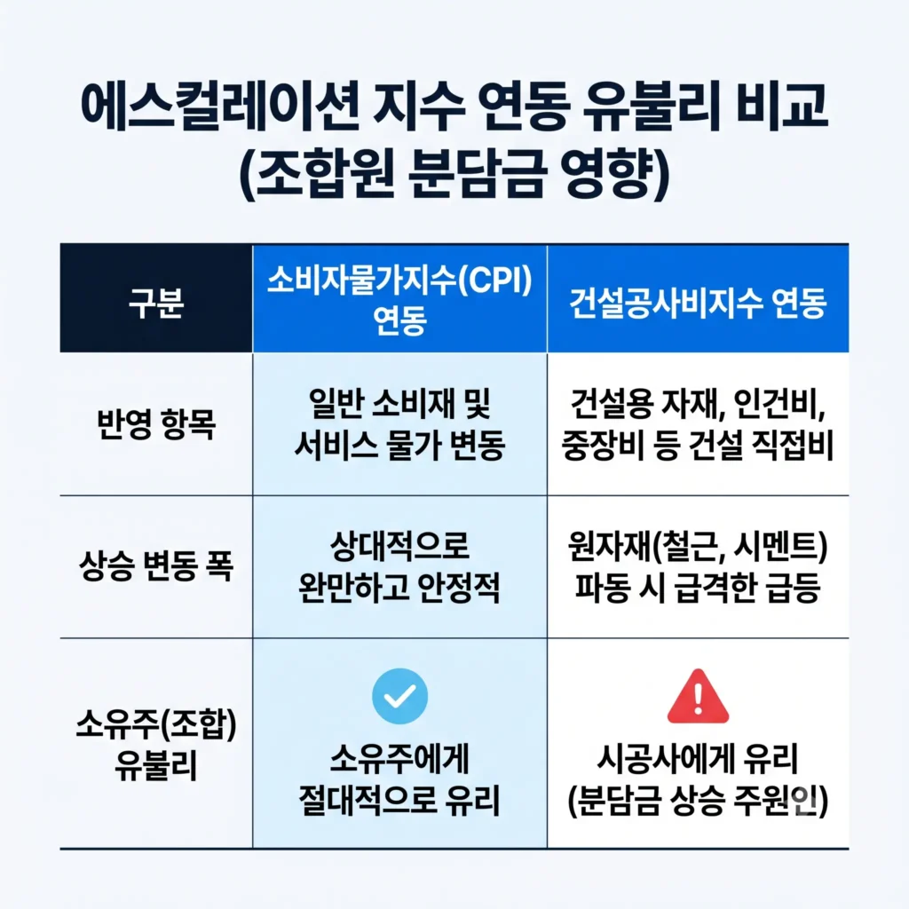 소비자물가지수(CPI) 대 건설공사비지수 연동 유불리 비교표 (에스컬레이션 독소조항 검증)