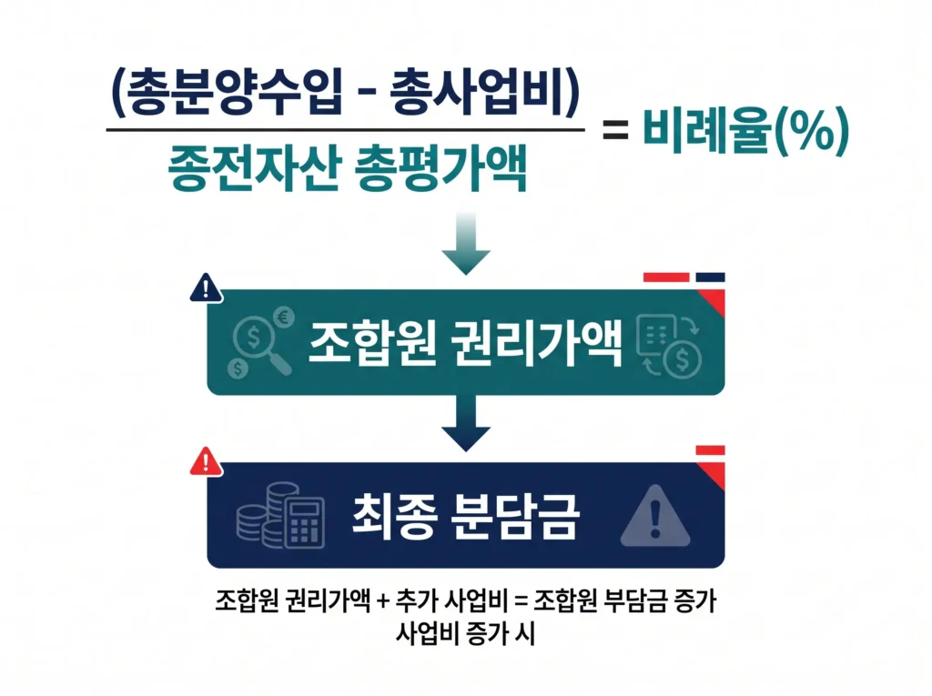 총분양수입과 총사업비로 결정되는 리모델링 비례율 계산식 및 최종 조합원 분담금 산출 구조 다이어그램