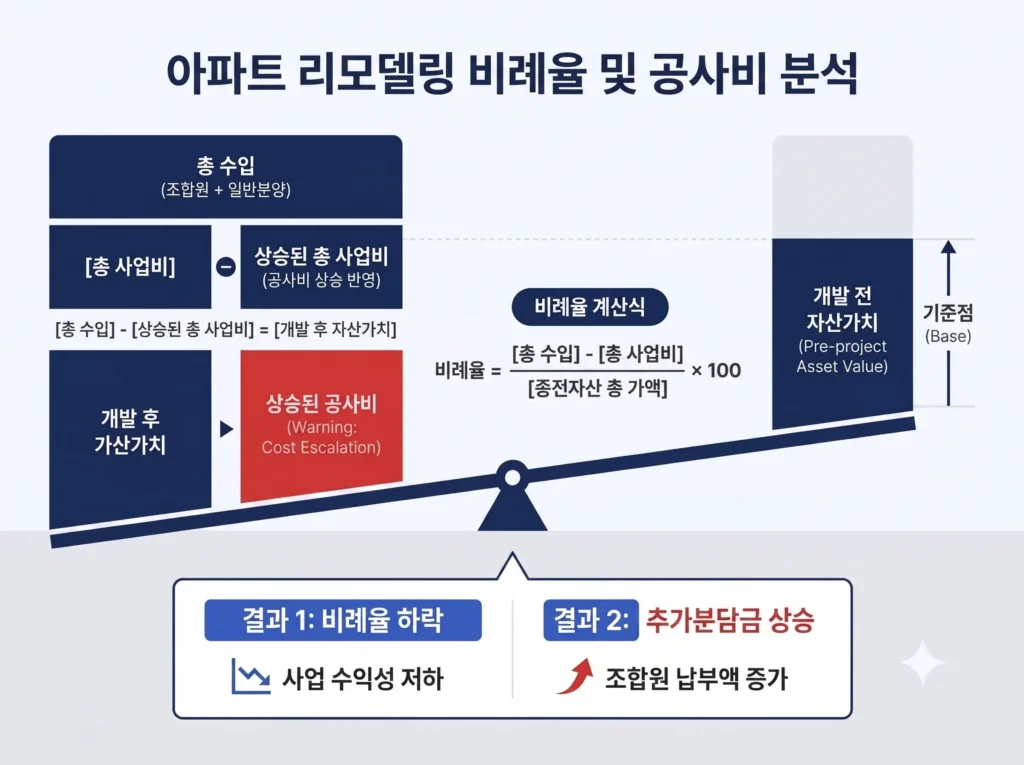 리모델링 총공사비 증액에 따른 비례율 하락과 조합원 추가분담금 발생 구조를 나타낸 인포그래픽 다이어그램